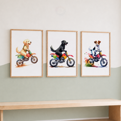 Watercolour Dogs on Motorbikes Wall Art Set – Fun Kids’ Nursery Prints