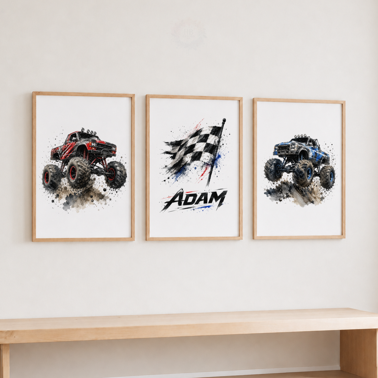 Personalised Monster Truck Wall Art Set – Racing Flag & Off-Road Truck Prints