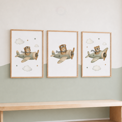 Teddy Bear Aeroplane Nursery Wall Art Print Set – Boys Bedroom Decor