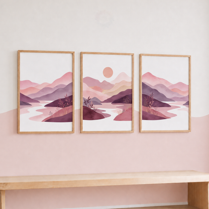 Pink & Purple Mountain Landscape Prints – Set of 3 Boho Scenic Wall Art