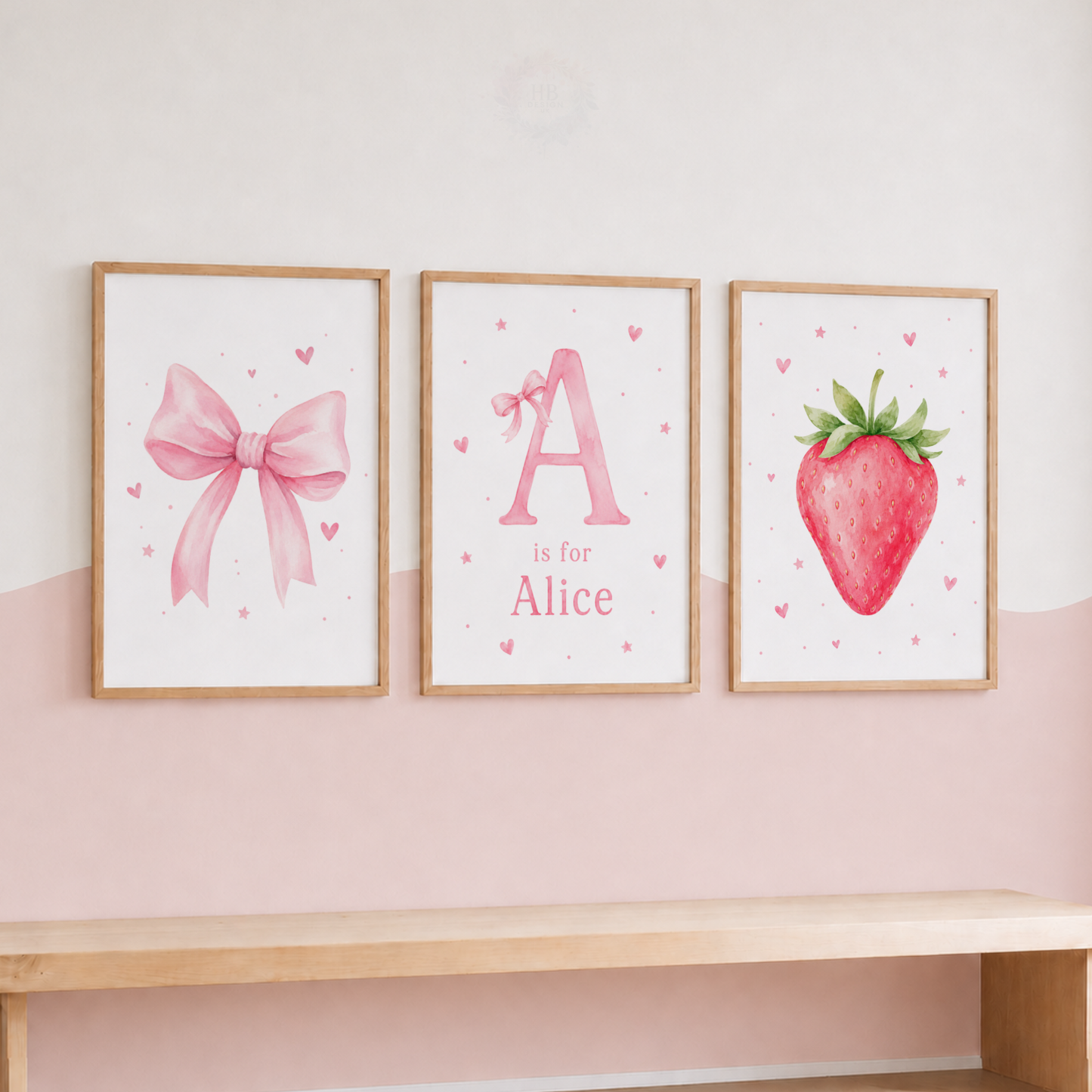 Personalised Strawberry & Bow Wall Art Print Set – Girls Bedroom Decor