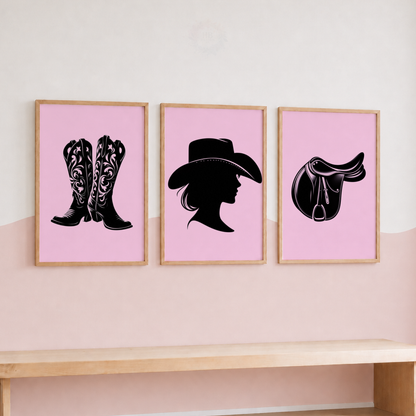 Pink Cowgirl Wall Art Set – Western Boots, Cowgirl & Saddle Prints