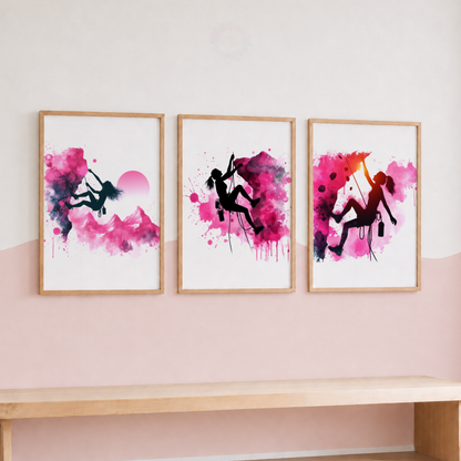 Girls Rock Climbing Wall Art Set – Pink Watercolour Climber Prints for Bedroom