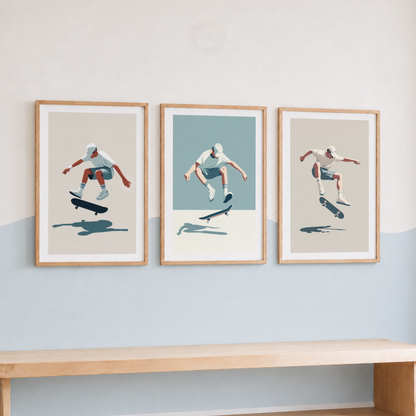 Skateboarding Wall Art Set – Blue & Neutral Skateboarder Sports Prints
