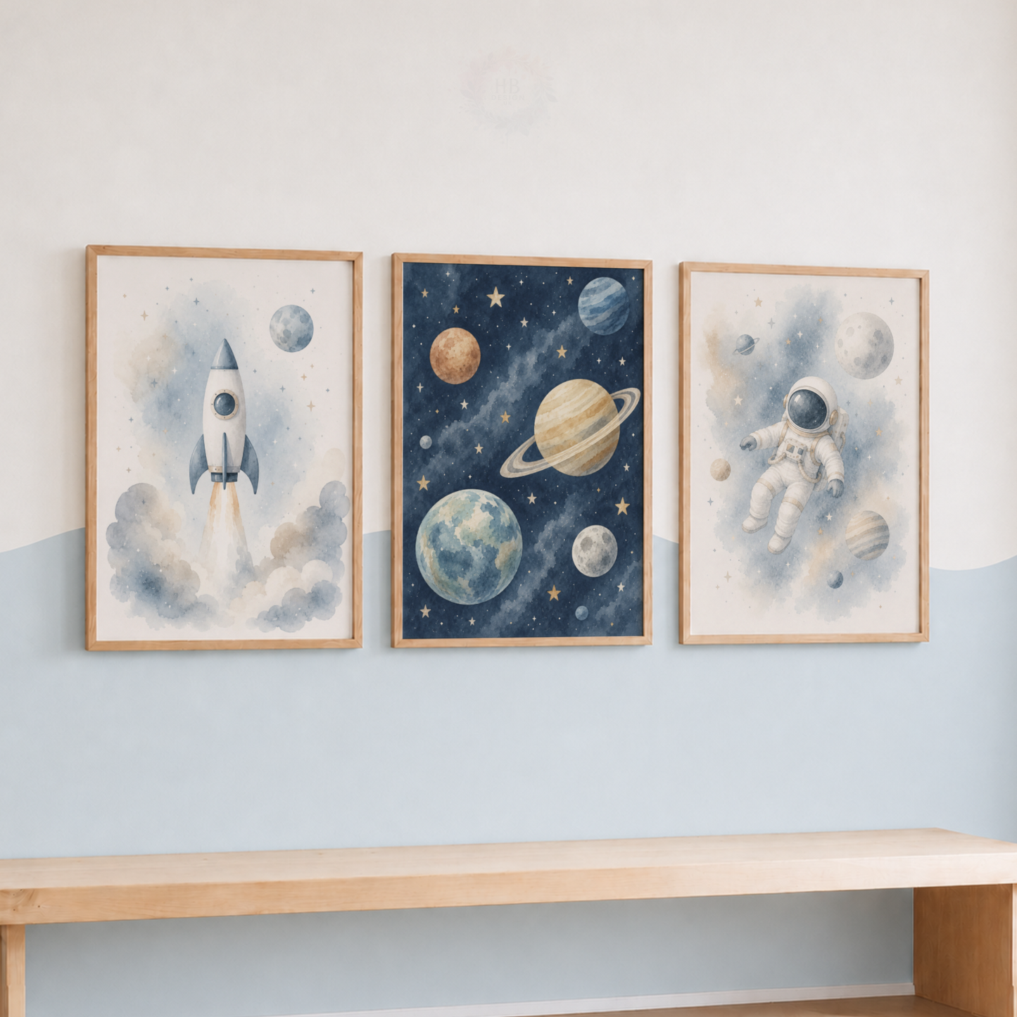 Blue Space Adventure Prints – Set of 3 Watercolour Rocket, Planets & Astronaut Nursery Wall Art