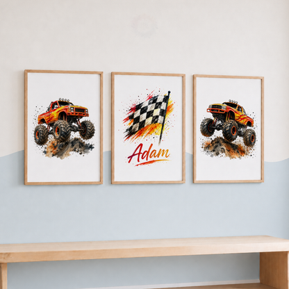 Personalised Orange Monster Truck Wall Art Set – Racing Flag & Off-Road Truck Prints