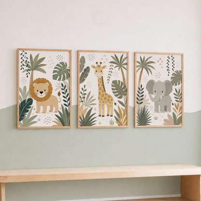 Safari Animal Nursery Prints – Set of 3 Lion, Giraffe & Elephant Jungle Wall Art