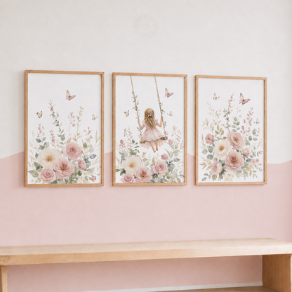 Floral Girl Nursery Prints – Set of 3 Pink Flowers, Butterflies & Swing Wall Art