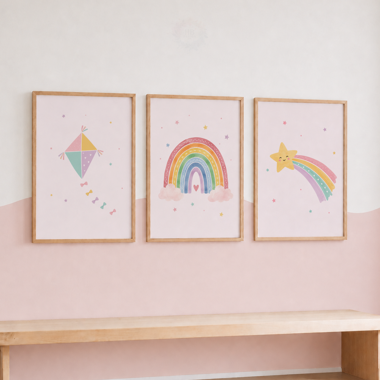 Rainbow & Shooting Star Nursery Prints – Set of 3 Colourful Girls’ Wall Art