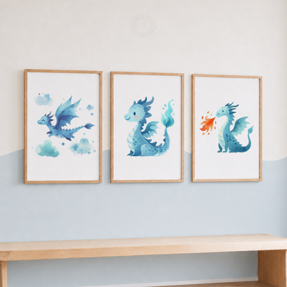 Blue Watercolour Dragon Wall Art Set – Cute Fantasy Nursery Prints