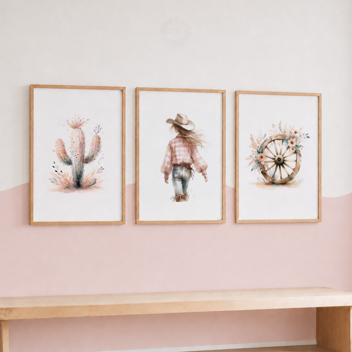 Pink Cowgirl Western Wall Art Set – Cactus & Wagon Wheel Prints
