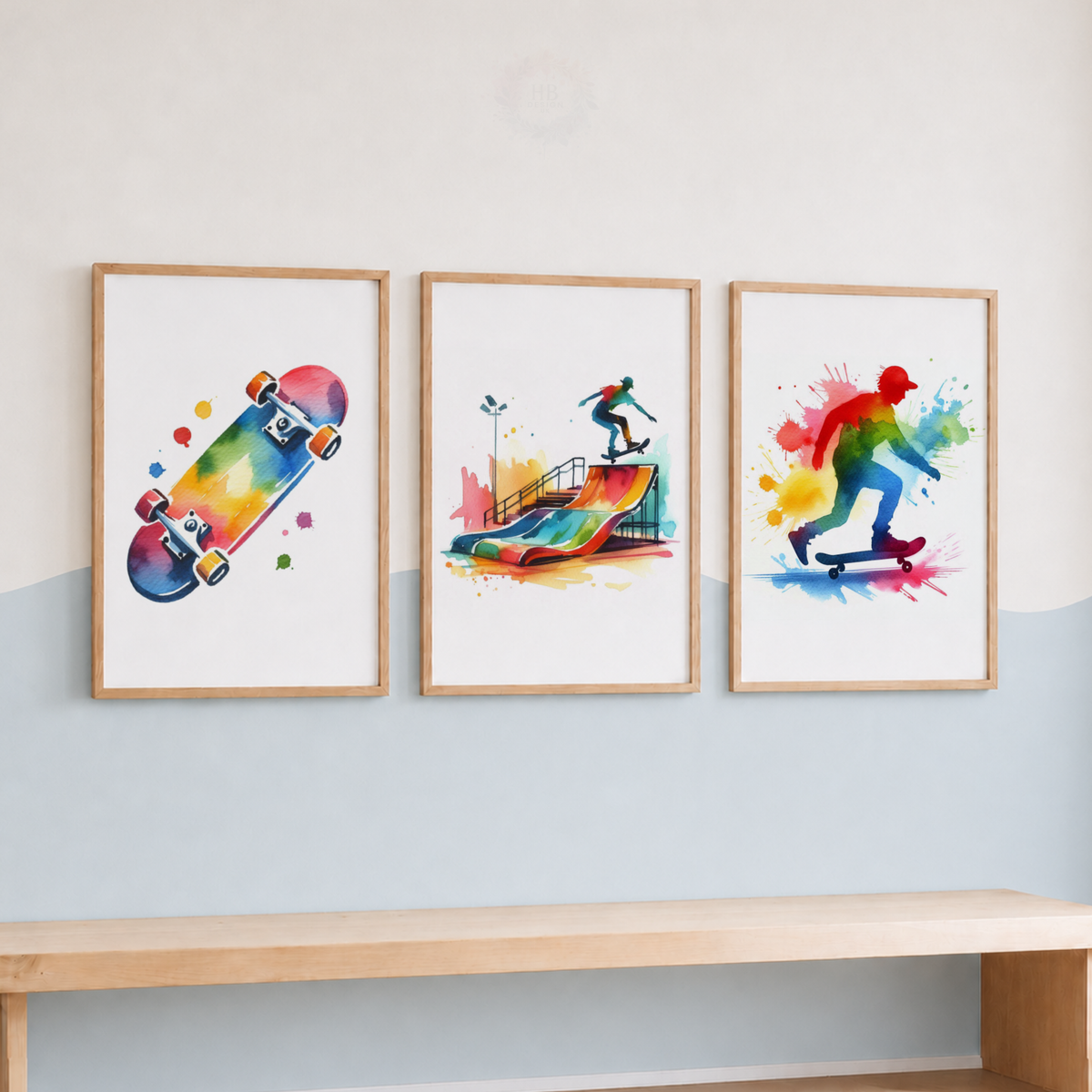 Skateboarding Watercolor Wall Art Set – Colourful Skateboard & Skater Sports Prints