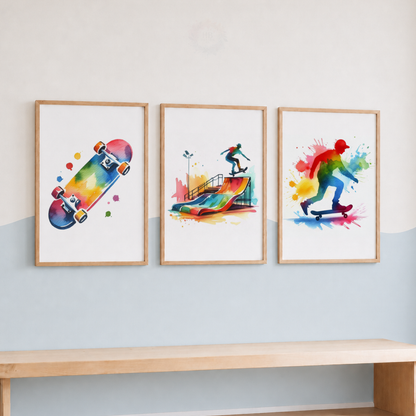 Skateboarding Watercolor Wall Art Set – Colourful Skateboard & Skater Sports Prints