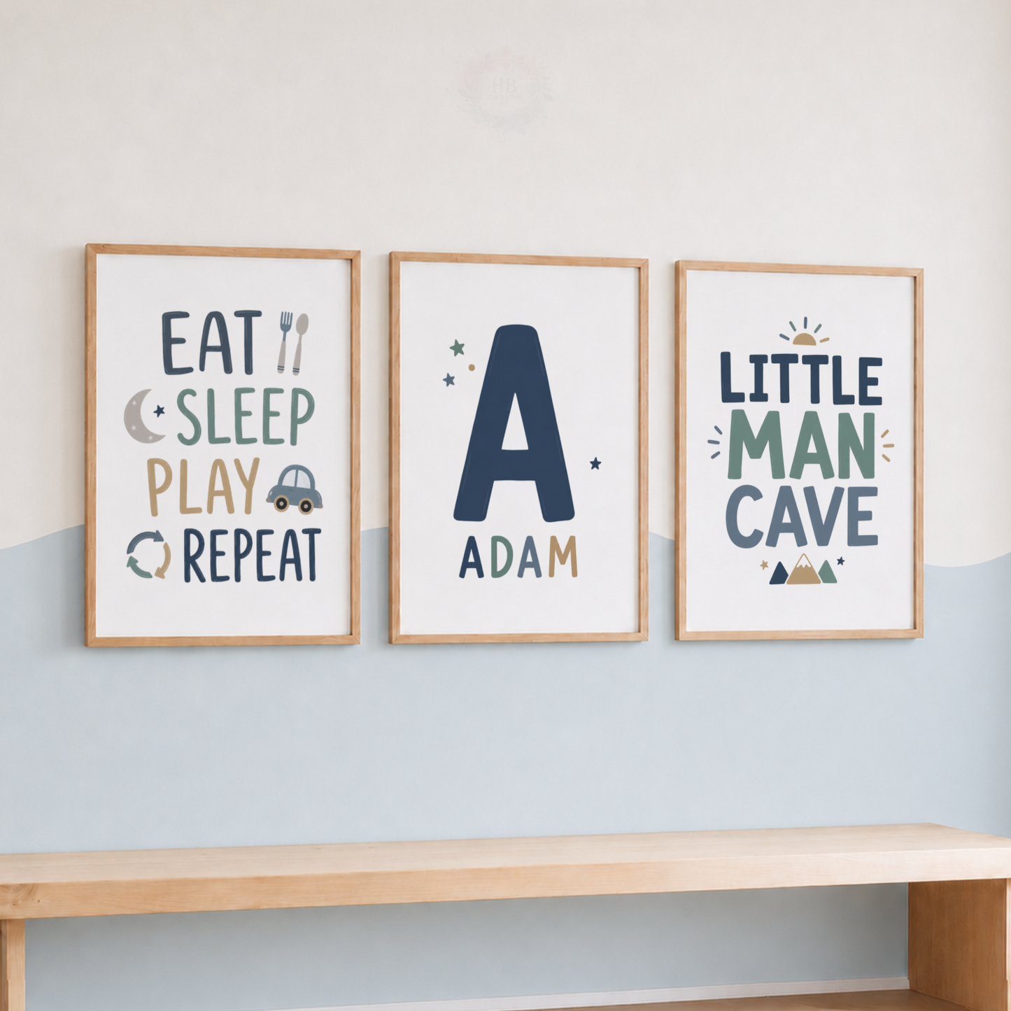Personalised Boys Nursery Prints – Name Initial & Little Man Cave Wall Art Set
