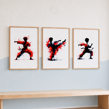 Karate Watercolor Wall Art Set – Red & Black Martial Arts Sports Prints