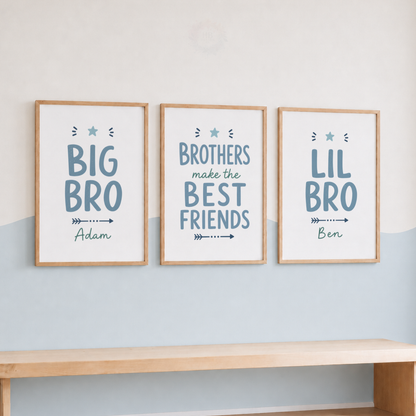 Big Bro, Little Bro – Personalised Set of 3 Blue Brothers Prints