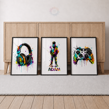 Personalised Colourful Gamer Wall Art Set – Gaming Headphones, Gamer & Controller Prints