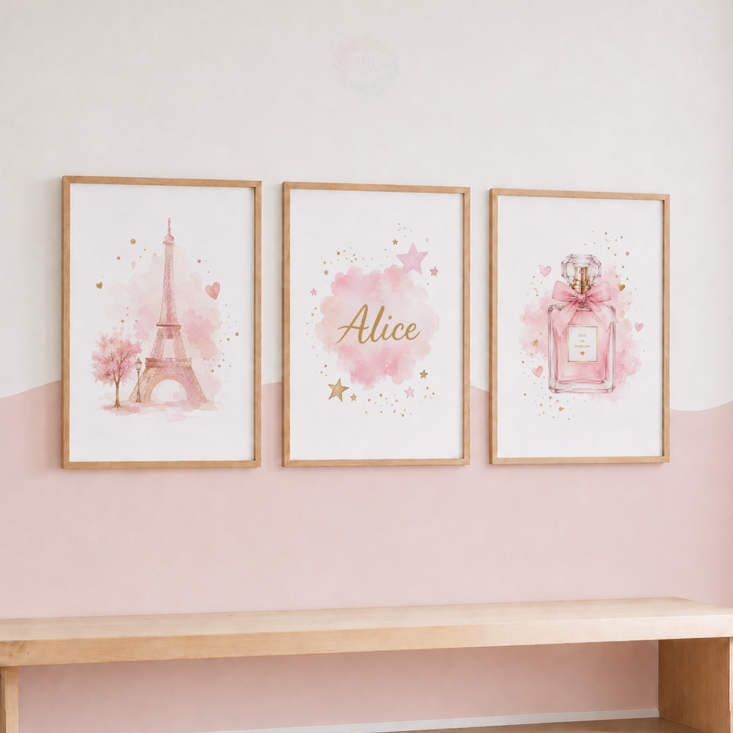 Personalised Paris Wall Art Print Set – Pink Eiffel Tower & Perfume Girls Bedroom Decor