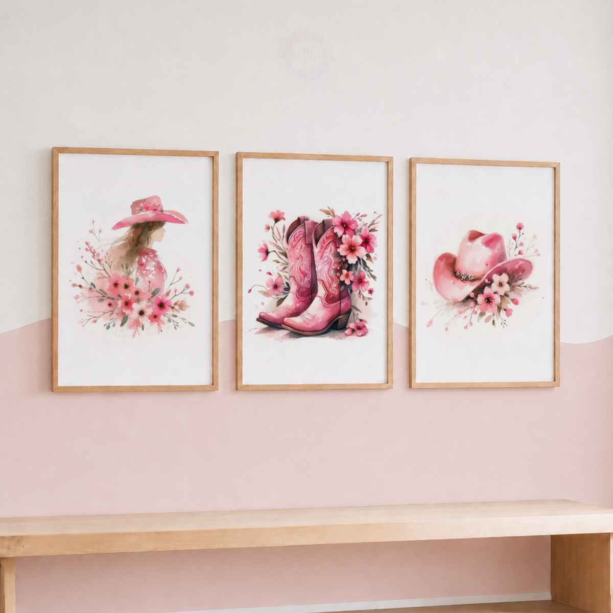 Pink Cowgirl Wall Art Set – Floral Western Boots & Cowboy Hat Prints