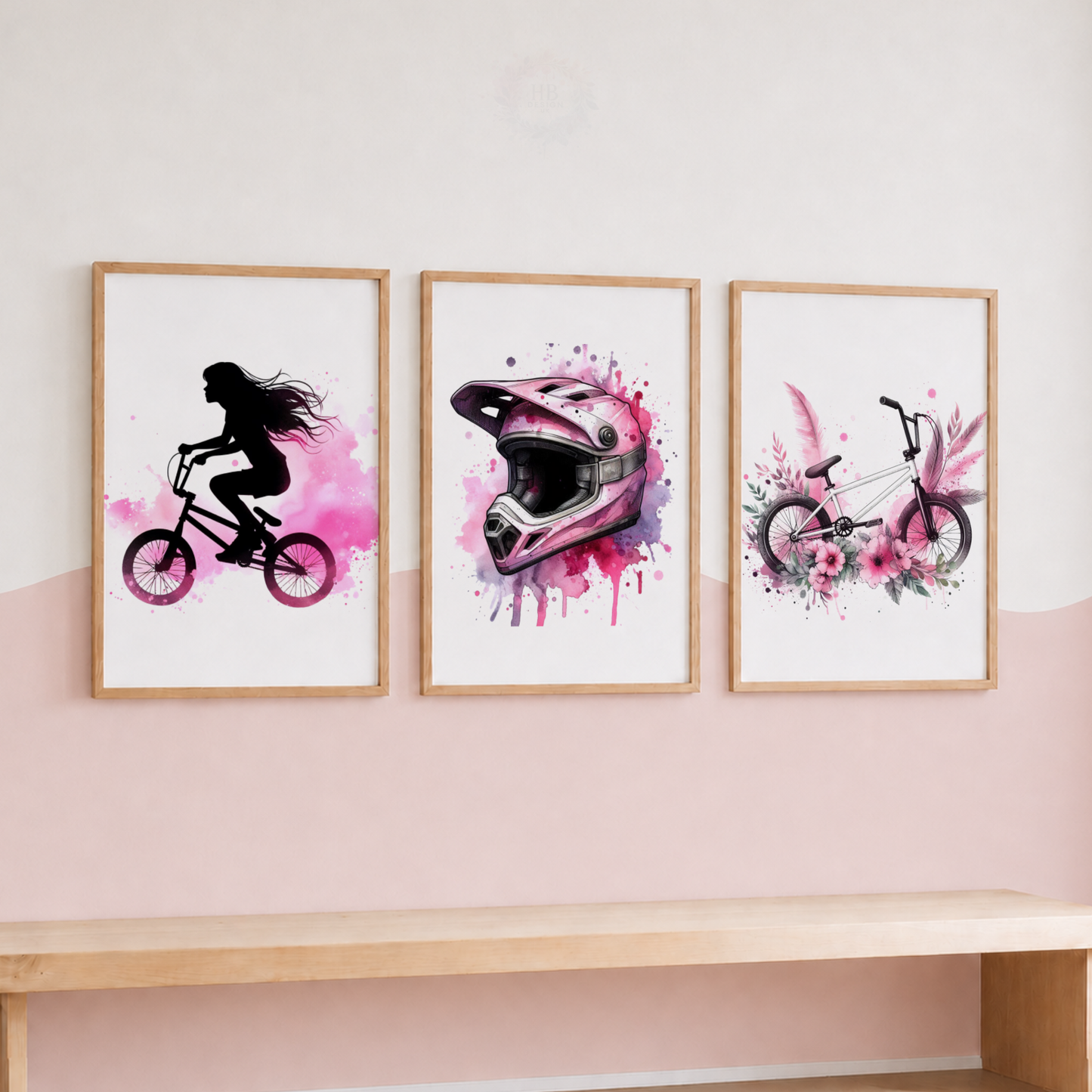 Girls BMX Wall Art Set – Pink Watercolour Female BMX Rider Prints