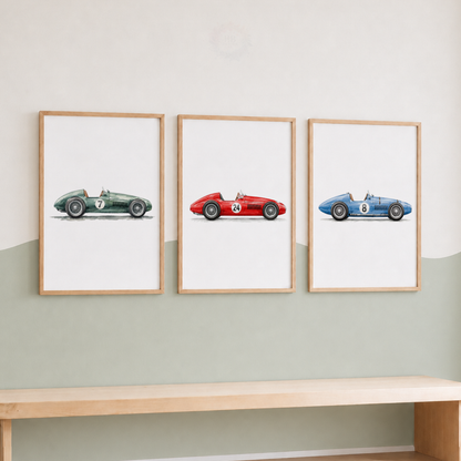 Vintage Racing Car Wall Art Set – Classic Green Red & Blue Car Prints