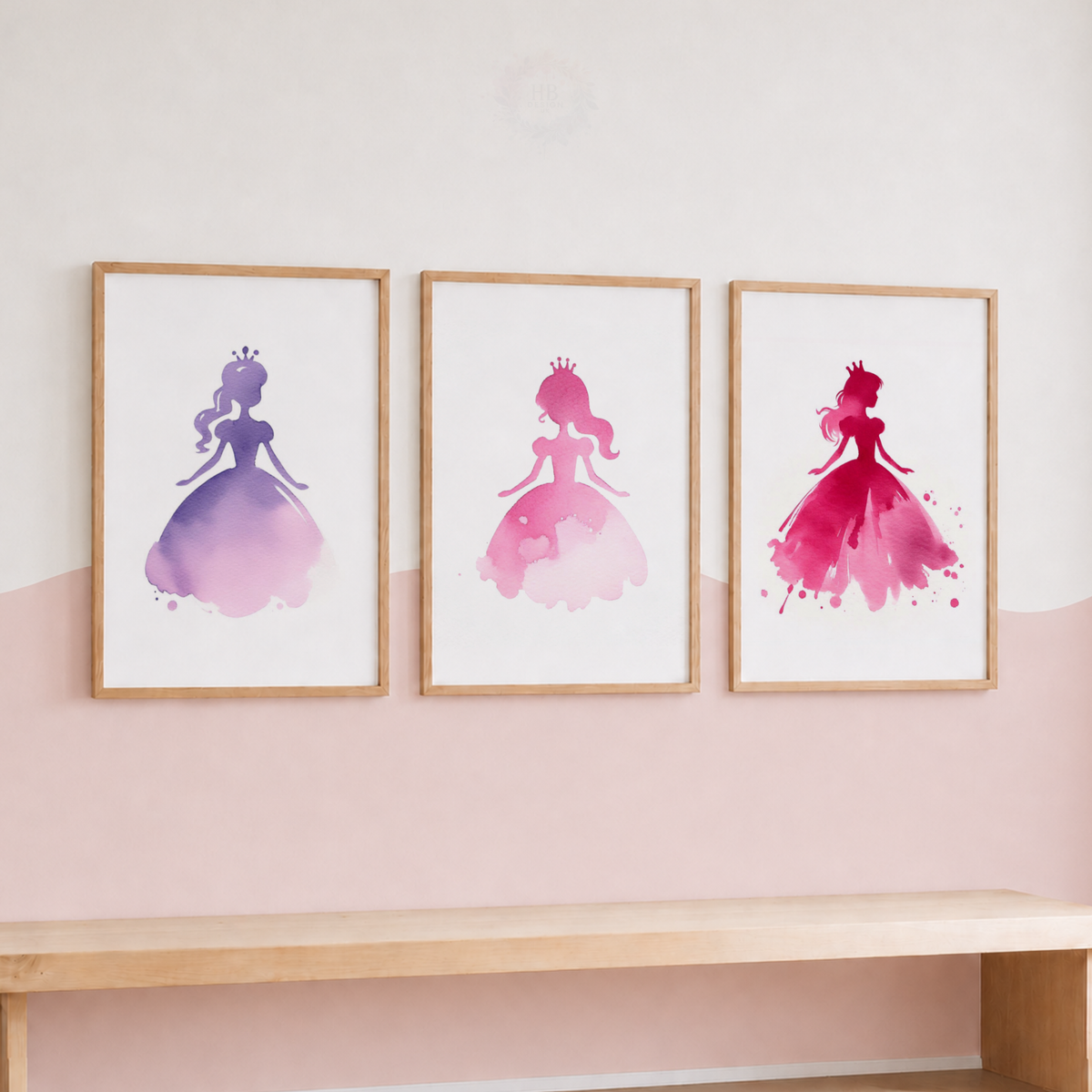 Watercolour Princess Wall Art Set – Pink & Purple Princess Silhouette Prints
