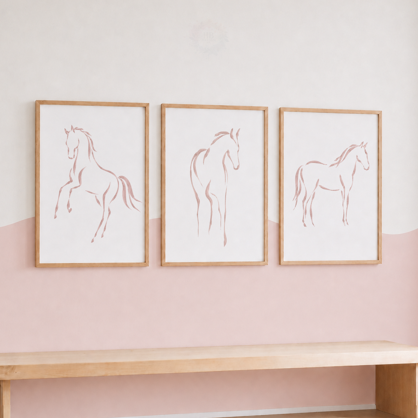 Blush Pink Horse Wall Art Set – Minimalist Equestrian Nursery Prints