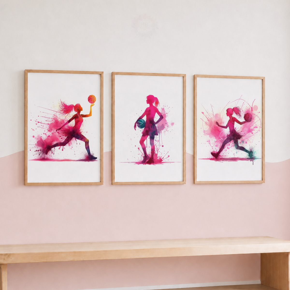 Girls Basketball Wall Art Set – Pink Watercolour Female Basketball Player Prints
