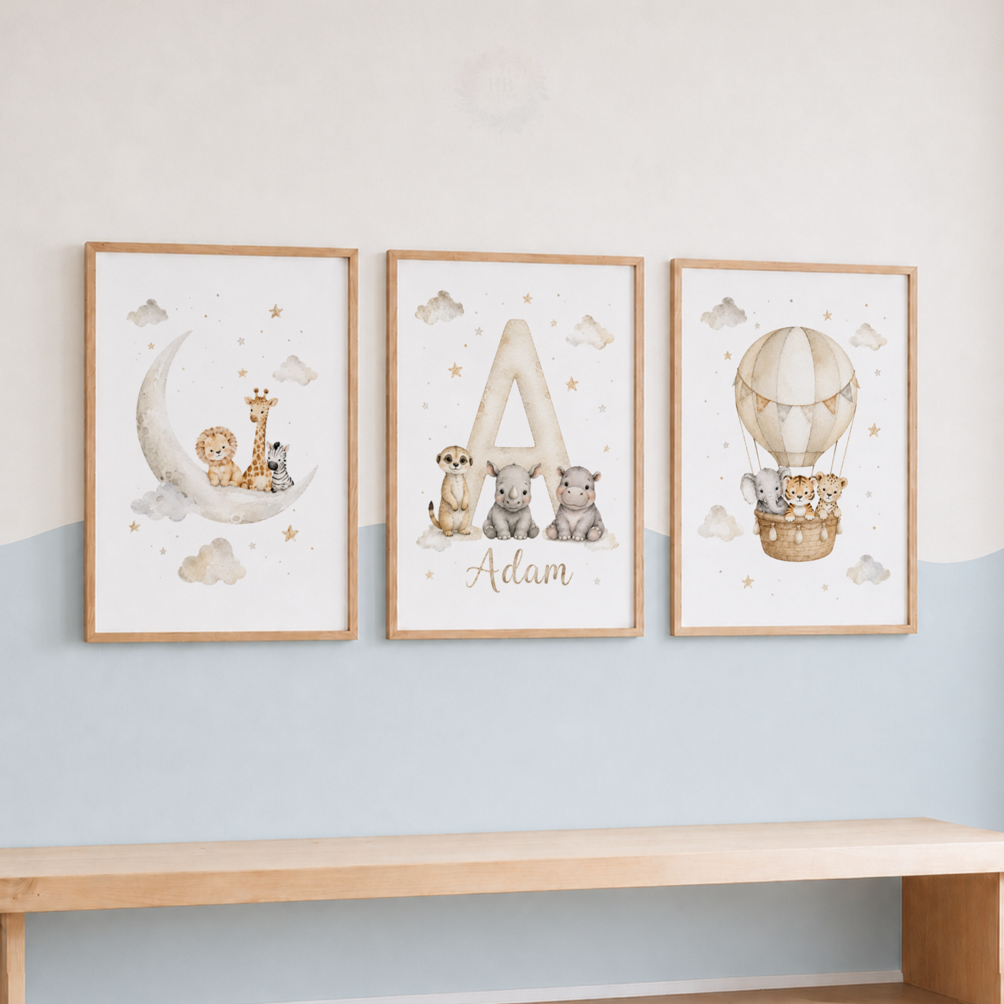 Dreamy Safari – Personalised Set of 3 Neutral Animal Nursery Prints