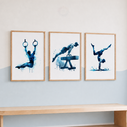 Gymnastics Watercolor Wall Art Set – Blue Gymnast, Rings & Pommel Horse Sports Prints