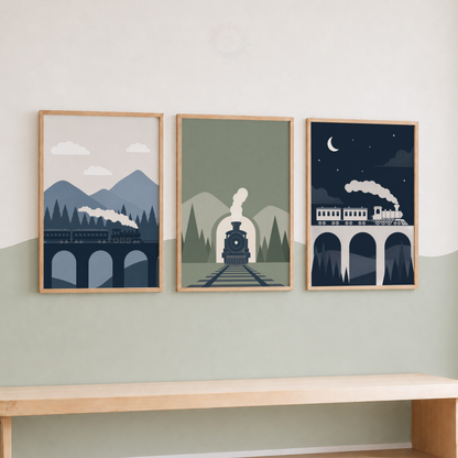 Vintage Train Wall Art Set – Mountain Railway Nursery Prints