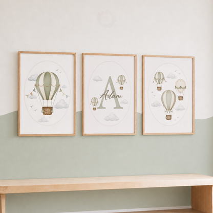Personalised Hot Air Balloon Nursery Wall Art Print Set – Custom Name & Initial