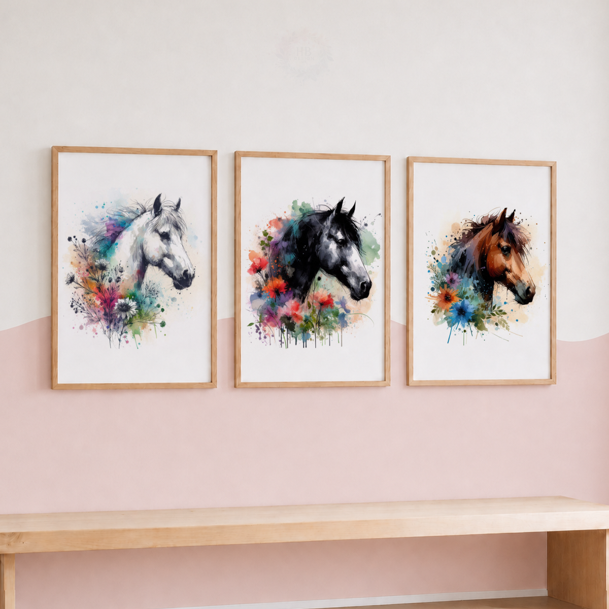 Colourful Watercolour Horse Wall Art Set – Floral Equestrian Prints
