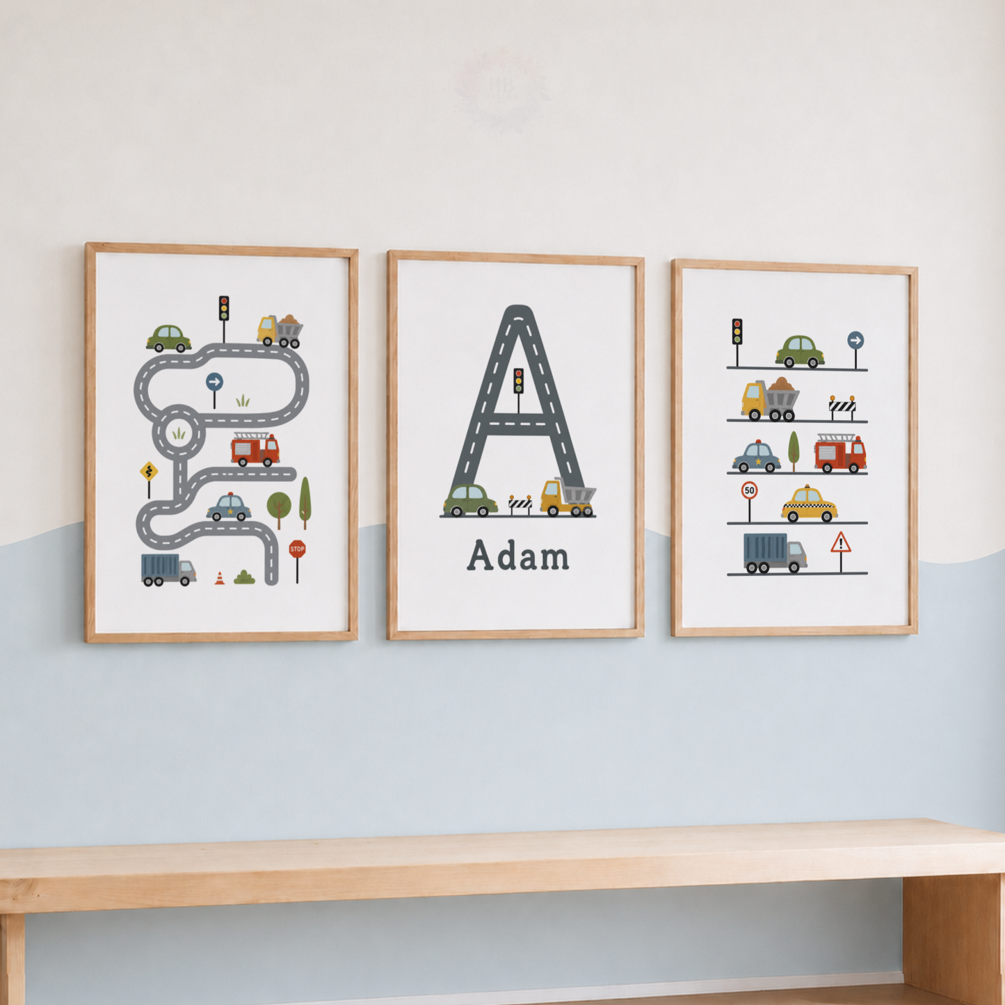 Personalised Transport Nursery Prints – Set of 3 Cars & Road Boys’ Wall Art