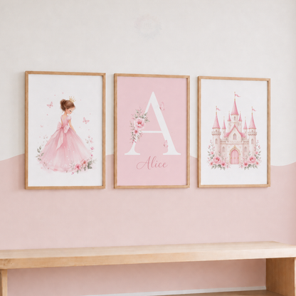 Personalised Princess Nursery Prints – Set of 3 Pink Castle, Princess & Name Wall Art