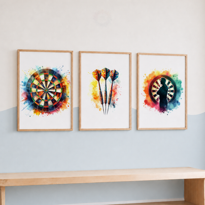 Colourful Darts Wall Art Set – Dartboard & Darts Watercolour Prints for Games Room