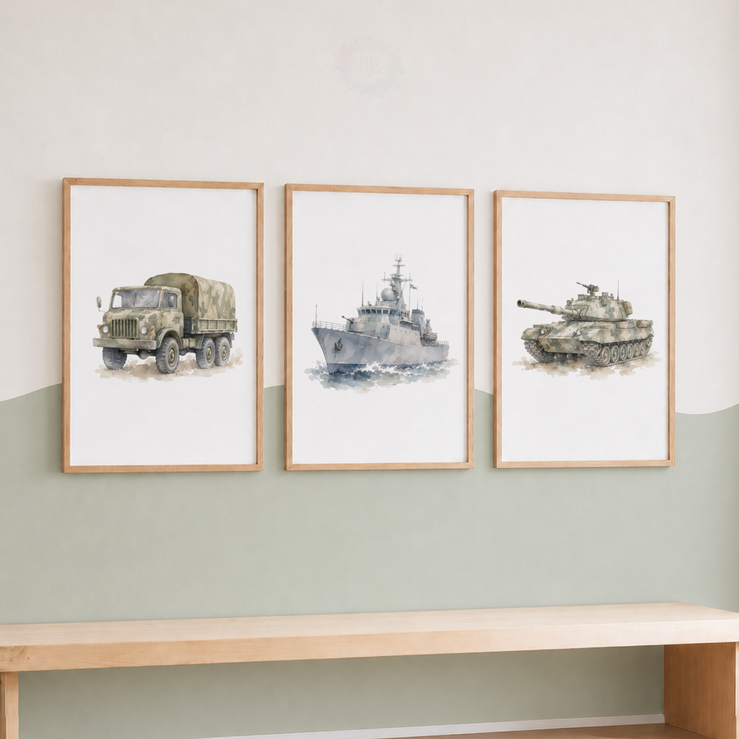 Military Vehicle Wall Art Set – Army Truck, Navy Ship & Tank Prints