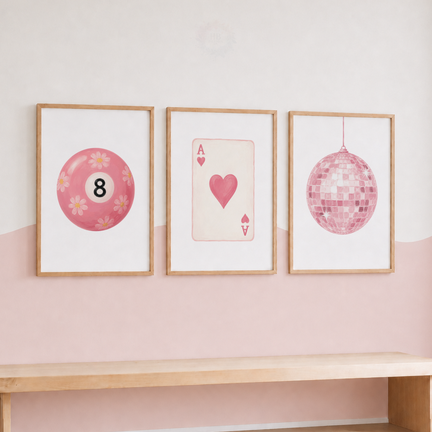 Pink Retro Wall Art Print Set – 8 Ball, Playing Card & Disco Ball