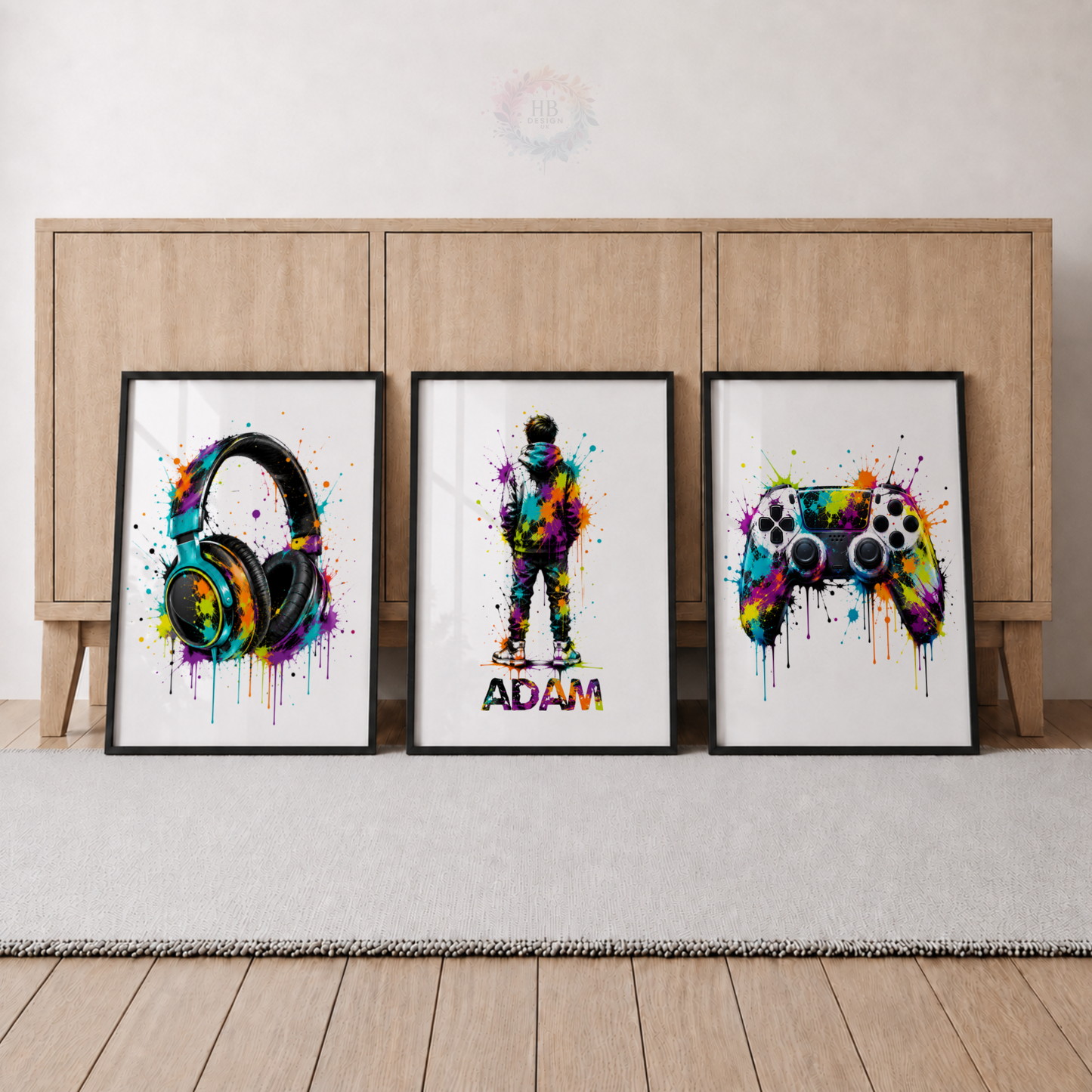 Personalised Colourful Gamer Wall Art Set – Headphones, Gamer & Gaming Controller Prints