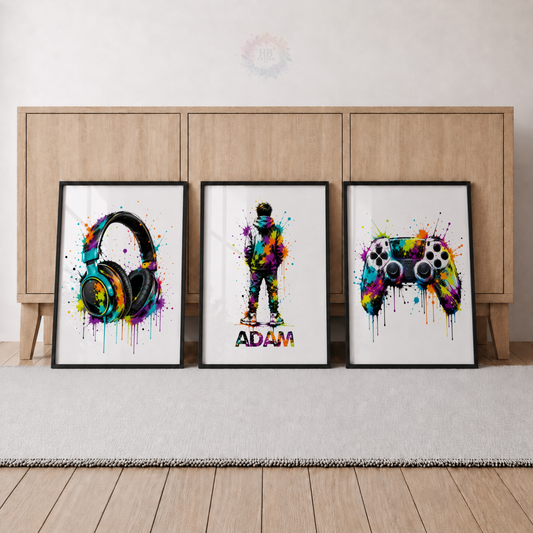 Personalised Colourful Gamer Wall Art Set – Headphones, Gamer & Gaming Controller Prints