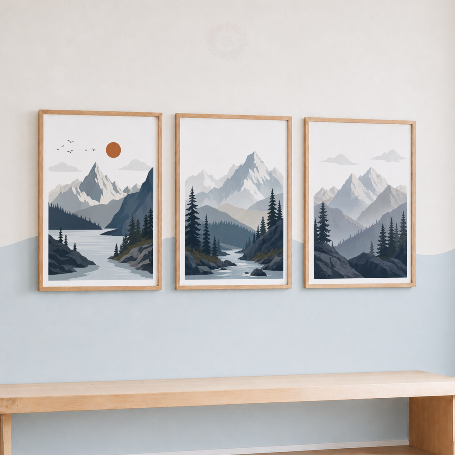 Mountain Landscape Wall Art Prints – Set of 3 Blue Alpine Forest & Lake Prints