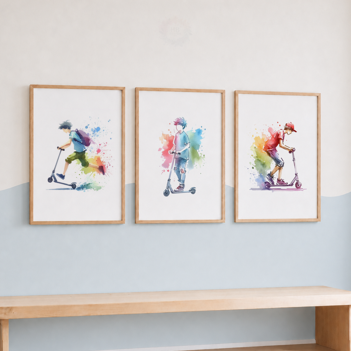 Stunt Scooter Watercolor Wall Art Set – Colourful Scooter Rider Sports Prints