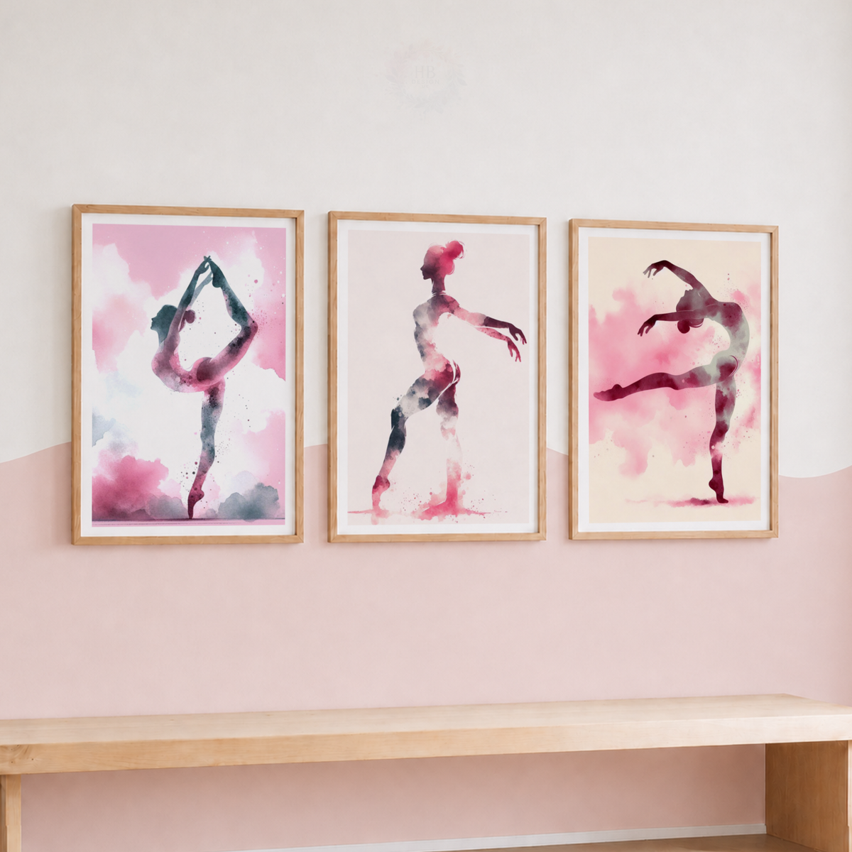 Pink Ballet Wall Art Set – Watercolour Ballerina Prints for Girls’ Bedroom