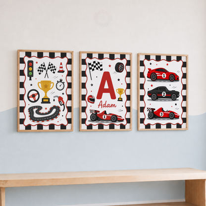 Race Day – Personalised Set of 3 Racing Car Nursery Prints