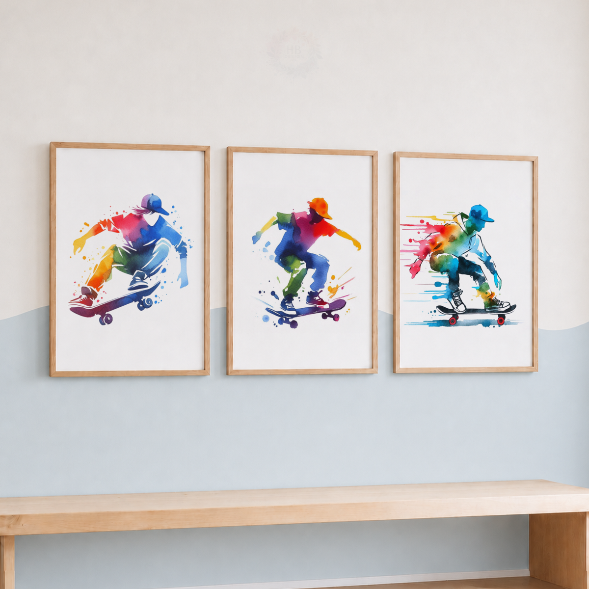 Skateboarding Watercolor Wall Art Set – Colourful Skateboarder Sports Prints