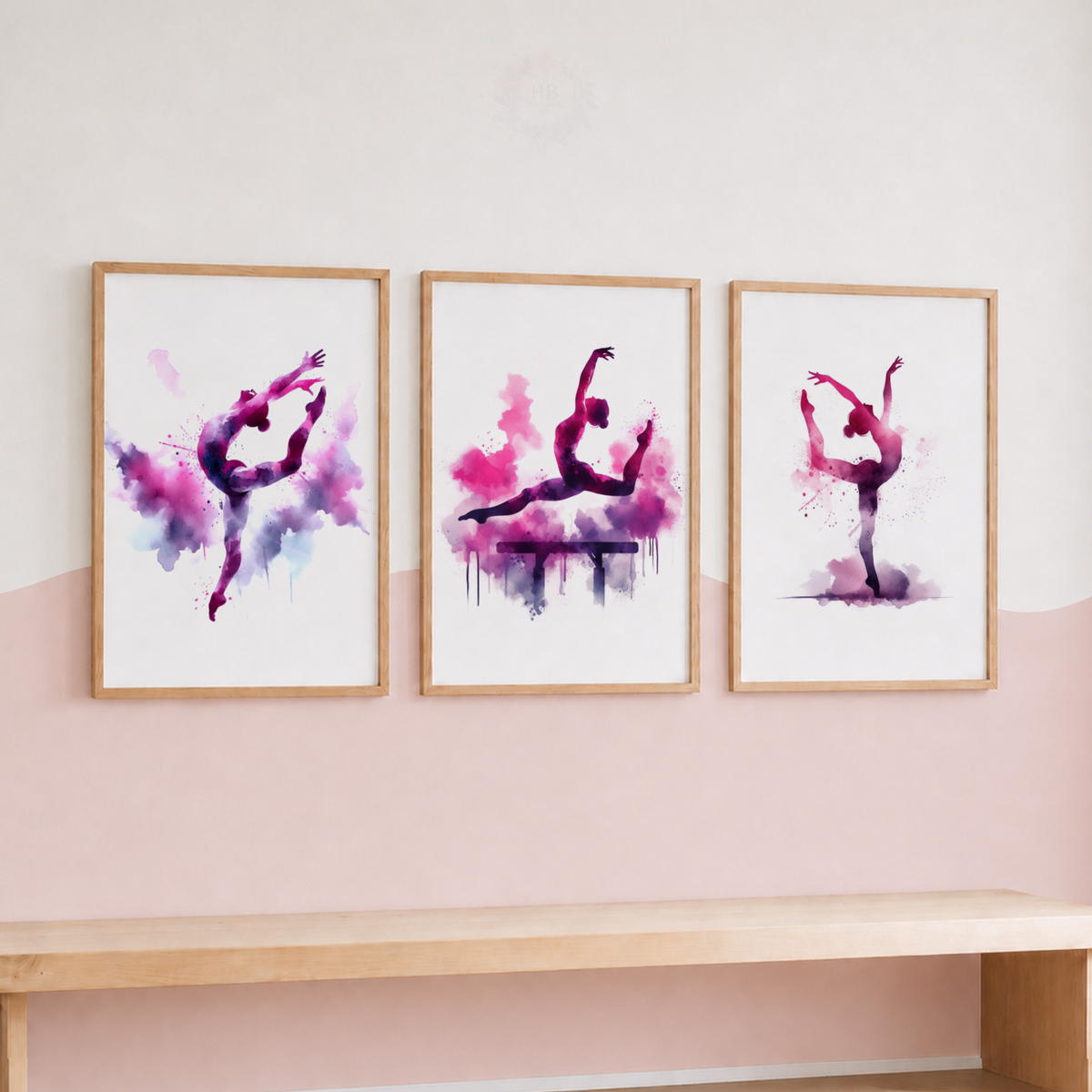 Pink & Purple Gymnastics Wall Art Set – Watercolour Gymnast Prints for Girls’ Bedroom