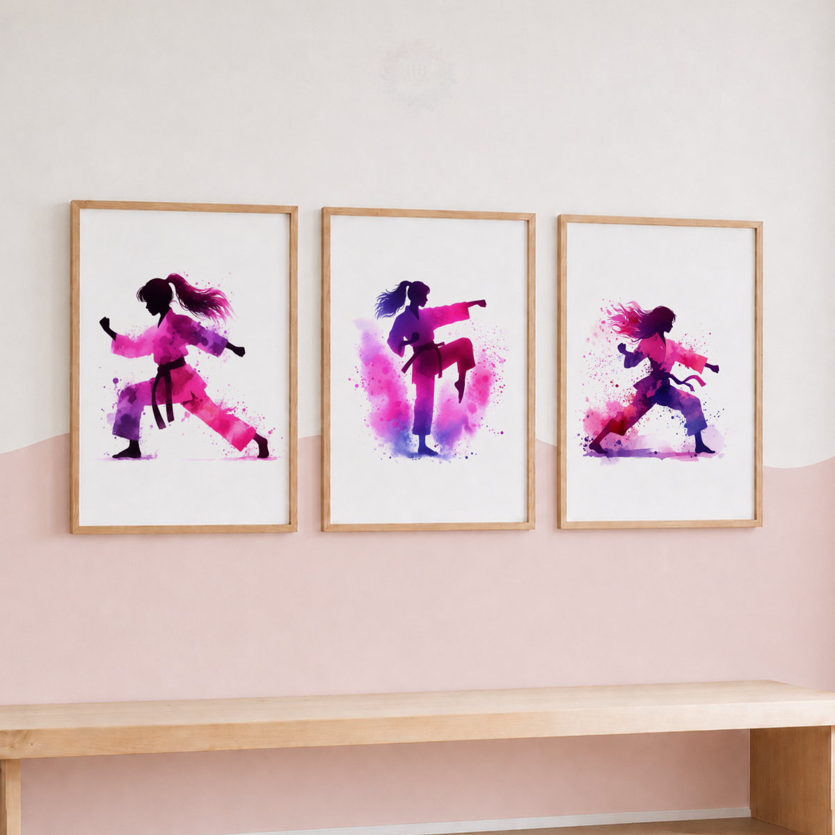 Girls Karate Wall Art Set – Pink & Purple Watercolour Martial Arts Prints