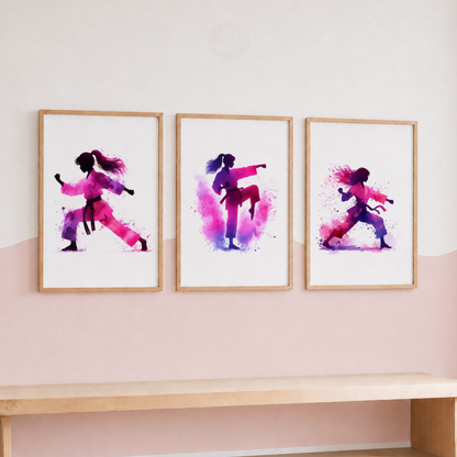 Girls Karate Wall Art Set – Pink & Purple Watercolour Martial Arts Prints