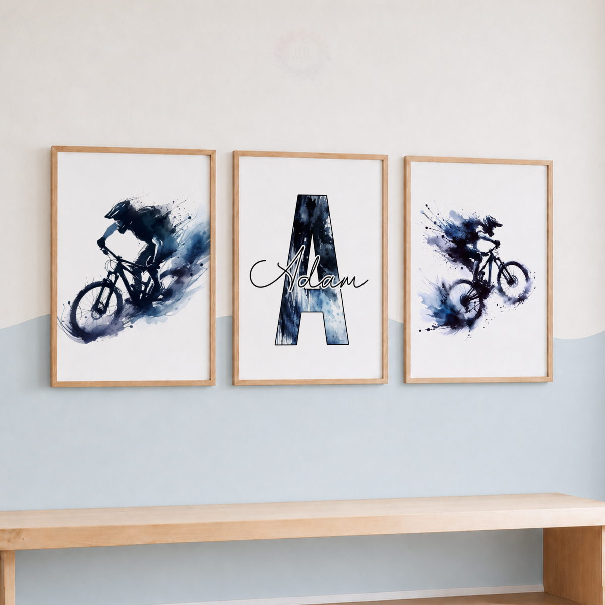 Personalised Mountain Biking Watercolor Wall Art Set – Blue MTB Cyclist & Name Prints