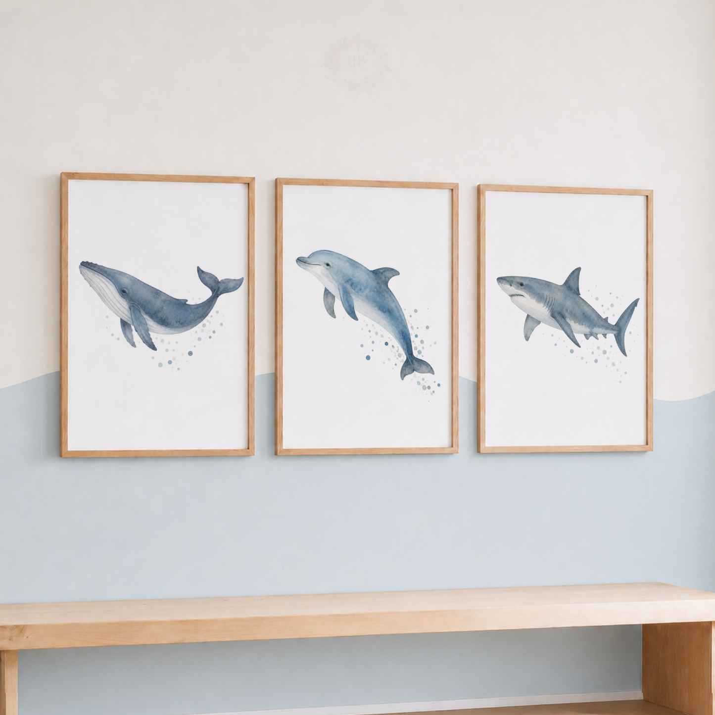 Ocean Animal Wall Art Print Set – Whale, Dolphin & Shark